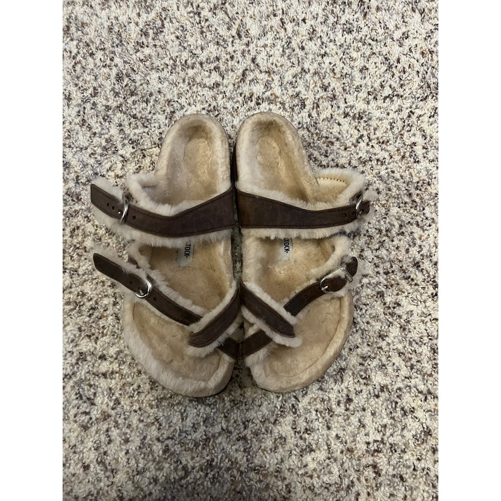 NEW Birkenstock Mayari D Buckle Brown/Beige Leather /fur FuzzySandals Women's 39
